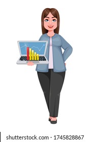 Happy Large business woman, woman of plus size holding laptop with graph. Cheerful chubby businesswoman cartoon character. Vector illustration