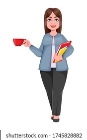 Happy Large business woman, woman of plus size holding coffee and documents. Cheerful chubby businesswoman cartoon character. Vector illustration