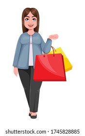 Happy Large business woman, woman of plus size goes shopping. Cheerful chubby businesswoman cartoon character. Vector illustration