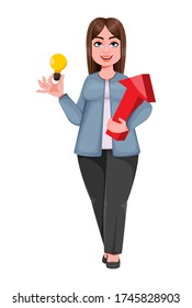 Happy Large business woman, woman of plus size having a good idea. Cheerful chubby businesswoman cartoon character. Vector illustration