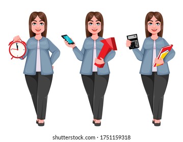 Happy Large business woman, woman of plus size, set of three poses. Cheerful chubby businesswoman cartoon character. Vector illustration on white background