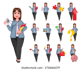 Happy Large business woman, woman of plus size, set of thirteen poses. Cheerful chubby businesswoman cartoon character. Vector illustration