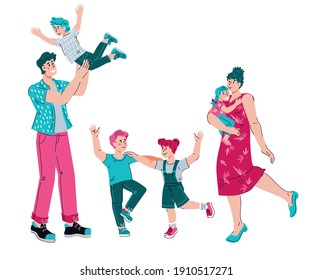 Happy large family with children portrait. Cartoon characters of mother, dad and their kids. Family relationships and parenthood, cartoon vector illustration isolated on white background.