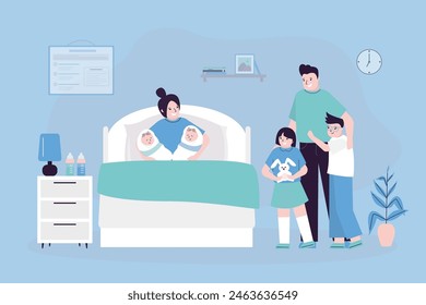 Feliz concepto de la Grande familia. Madre joven con gemelos recién nacidos, padre, hija e hijo en sala de hospital. Retrato de familia después del nacimiento de los bebés. Padres con niños en el interior de la sala de la clínica. Vector