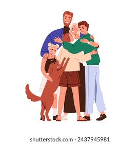 Familia grande feliz abrazando juntos. Padres, niños y perros abrazándose. Mamá, papá, niños adolescentes y reunión de mascotas, relación de unión. Ilustración vectorial gráfica plana aislada sobre fondo blanco