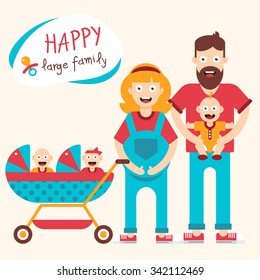 Happy large family illustration with the pregnant mother, twins and son. Vector illustration.