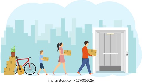 A Happy, Large Family Moving To A New Home. Dad, Mom And Little Son Carry Boxes With Things In The Elevator. The Acquisition Of New Housing. Relocation. Vector Illustration. Vector.