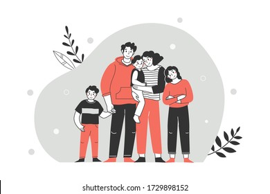 Happy large family portrait. Father, mother holding the youngest child, son and teenage daughter. Family together. Vector illustration in a flat style