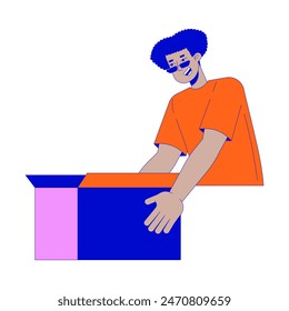 Happy latin american man holding box 2D linear cartoon character. Hispanic guy with cardboard container isolated line vector person white background. Carrying stuff color flat spot illustration