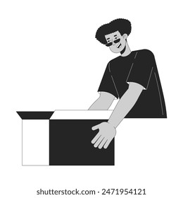 Happy latin american man holding box black and white 2D line cartoon character. Hispanic guy with container isolated vector outline person. Stuff carrying monochromatic flat spot illustration