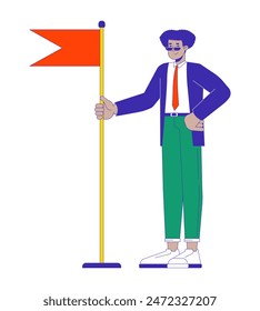 Happy latin american man holding flag 2D linear cartoon character. Confident hispanic male leader isolated line vector person white background. Leadership development color flat spot illustration