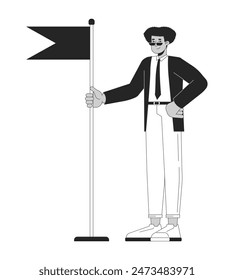 Happy latin american man holding flag 2D linear cartoon character. Confident hispanic male leader isolated vector outline person. Leadership development monochromatic flat spot illustration