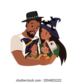 Happy Latin family in costumes for Halloween. Dad, mom, daughter and son in witch hats for the autumn carnival. People with dark skin and black hair hug