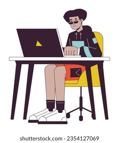 Happy latin man at office flat line concept vector spot illustration. Freelancer typing on laptop 2D cartoon outline character on white for web UI design. Editable isolated color hero image