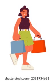 Happy latina girl going shopping semi flat color vector character. Holding shopping bag. Positive. Editable full body person on white. Simple cartoon spot illustration for web graphic design