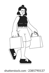 Happy latina girl going shopping monochromatic flat vector character. Holding shopping bag. Positive. Editable thin line full body person on white. Simple bw cartoon spot image for web graphic design