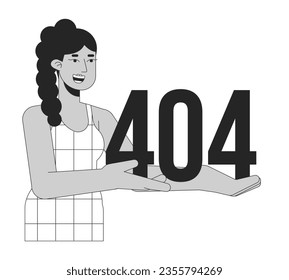 Happy latina woman holding black white error 404 flash message. Monochrome empty state ui design. Page not found popup cartoon image. Vector flat outline illustration concept