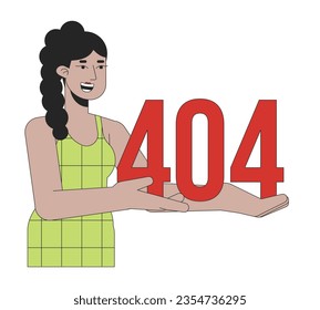 Happy latina woman holding error 404 flash message. Empty state ui design. Page not found popup cartoon image. Vector flat illustration concept on white background