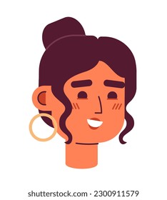 Happy latina woman wearing hoops semi flat vector character head. Brunette girl with tied hair. Editable cartoon avatar icon. Face emotion. Colorful spot illustration for web graphic design, animation