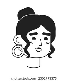 Happy latina woman wearing hoops monochrome flat linear character head. Brunette girl with tied hair. Editable outline hand drawn face icon. 2D cartoon spot vector avatar illustration for animation