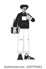 Happy latinamerican student with rucksack flat line black white vector character. Editable outline full body person. Stylish young man campus simple cartoon isolated spot illustration for web design