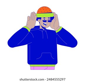 Happy latino man with warm hat 2D linear cartoon character. Hispanic guy putting on warn cap isolated line vector person white background. Casual fashion apparel color flat spot illustration