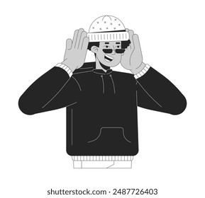 Hombre latino feliz con sombrero caliente blanco y negro 2D línea de personaje de dibujos animados. Hombre hispano que pone en la tapa de advertencia aislado contorno de Vector persona. Ilustración de punto plano monocromático de la ropa de moda casual