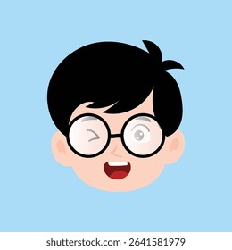 Happy laugh, wink eyes expression boy wearing white glass design