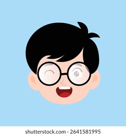 Happy laugh, wink eyes expression boy wearing white glass design