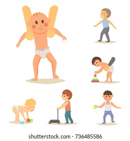 Happy laughing baby wearing cute clothing preschool little kids children first walking cheerful infants flat vector illustration.