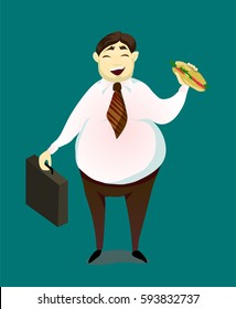 Happy laughing bold business man eating a sandwich. Cartoon characters, vector illustration.