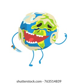 Happy laughing cartoon Earth planet character, funny globe emoji vector Illustration