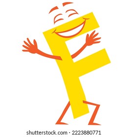 A happy, laughing cartoon letter f is strolling along