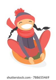 Happy laughing caucasian white girl sledding down on snow rubber tube in the winter park. Concept of outdoor winter leisure activity. Vector cartoon illustration isolated on white background.