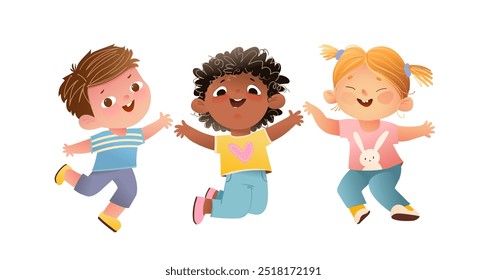 Meninos e meninas que riem felizes que brincam saltando juntos. Infância alegre com amigos, crianças pequenas pulam e se divertem . Desenho de clipart vetorial. Caracteres coloridos Ilustração para crianças.