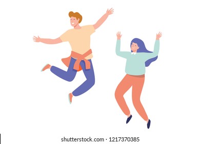 Happy laughing couple jumping with raised hands. Vector flat cartoon illustration isolated on white background.