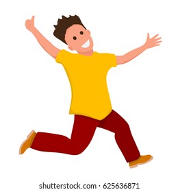 Happy laughing jumping young guy. Flat style joy boy on a white background. Vector illustration