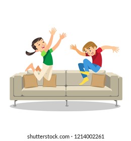 Happy Laughing Kids Jumping on Sofa Cartoon Vector Illustration Isolated on White Background. Disobedient, Rowdy Childrens Playing in Living Room. Mischievous Brother and Sister Having Fun at Home