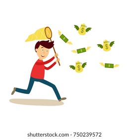 Happy laughing man running after flying money with butterfly net, cartoon vector illustration isolated on white background. Funny comic style man trying to catch flying money with butterfly net