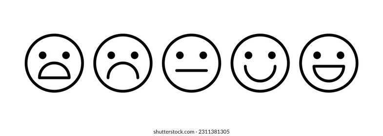 Feliz, risible, neutral, triste, disgustado, infeliz, impactado icono de la sonrisa. Conjunto de emoticonos vectoriales de retroalimentación del cliente. Iconos negativos y positivos en la cara.