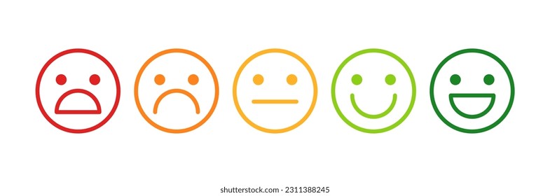 Happy, laughing, neutral, sad, upset, unhappy, shocked smile icon. Colorful customer feedback vector emoticon set. Negative, positive face icons.