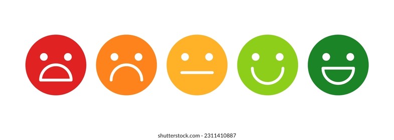 Happy, laughing, neutral, sad, upset, unhappy, shocked smile icon. Colorful customer feedback vector emoticon set. Colorful negative, positive face icons.