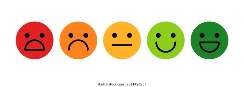 Happy, laughing, neutral, sad, upset, unhappy, shocked smile icon. Colorful customer feedback vector emoticon set. Colorful negative, positive face icons.