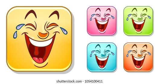 Happy laughing out loud Emoji face. Emoticons collection. Colorful smiley set. Avatar symbol, internet message or chat icon, sign for web mobile app, logo, label, patch, sticker.