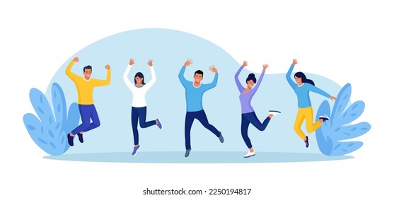 Happy laughing people jumping with raised hands. Cheerful and active students. Group of diverse exciting people. Business people celebrating victory. Happiness emotions