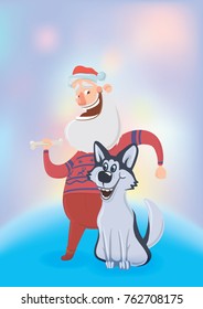 Happy laughing Santa Claus with bone and a dog. New year and Christmas cards for year of the dog according to the Eastern calendar. Vector Characters Illustration on glowing colourful background.