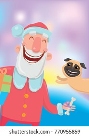 Happy laughing Santa Claus with bone and a dog. Vector Characters Illustration on glowing colourful background.