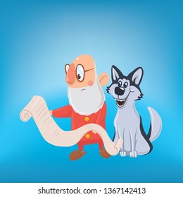 Happy laughing Santa Claus with dog. New year and Christmas cards for year of the dog according to the Eastern calendar. Vector Characters Illustration.