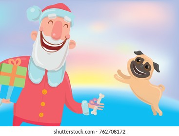 Happy laughing Santa Claus and a dog. New year and Christmas cards for year of the dog according to the Eastern calendar. Vector Characters Illustration on glowing colourful background.