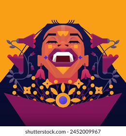 A happy laughing and smiling girl with a bouquet of flowers. Geometric cartoon flat style with symmetrical composition. Vector illustration.